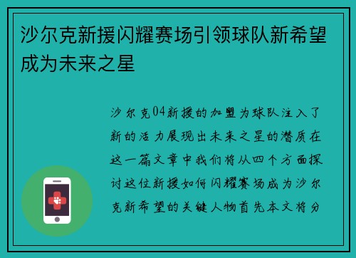 沙尔克新援闪耀赛场引领球队新希望成为未来之星