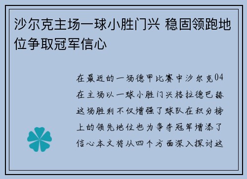 沙尔克主场一球小胜门兴 稳固领跑地位争取冠军信心