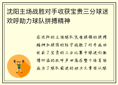 沈阳主场战胜对手收获宝贵三分球迷欢呼助力球队拼搏精神