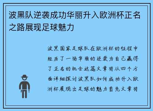 波黑队逆袭成功华丽升入欧洲杯正名之路展现足球魅力