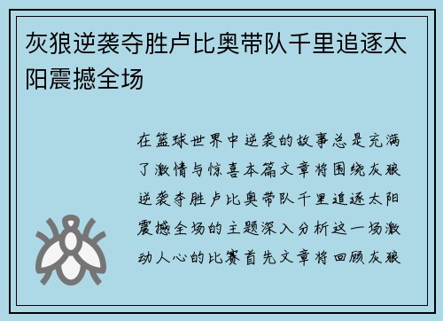 灰狼逆袭夺胜卢比奥带队千里追逐太阳震撼全场