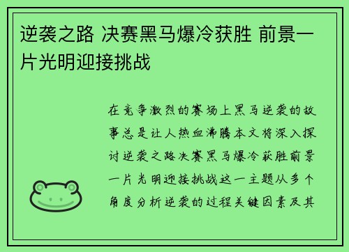 逆袭之路 决赛黑马爆冷获胜 前景一片光明迎接挑战