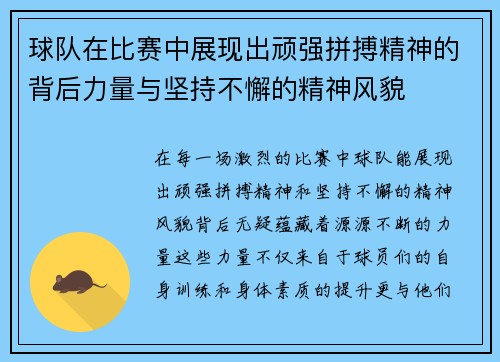 球队在比赛中展现出顽强拼搏精神的背后力量与坚持不懈的精神风貌