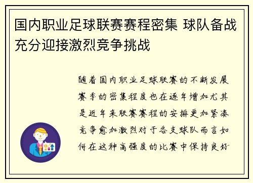 国内职业足球联赛赛程密集 球队备战充分迎接激烈竞争挑战