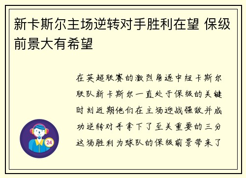 新卡斯尔主场逆转对手胜利在望 保级前景大有希望